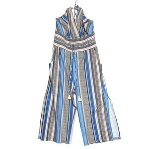 Venus Tassel Halter Jumpsuit Split Leg Smocked Waist Blue Stripe Womens Plus 1X